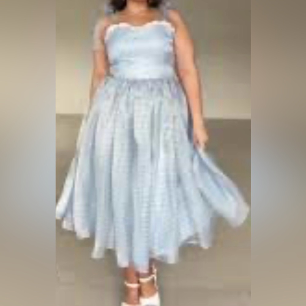 JESSAKAE PRISCILLA NWT XXL QUINCEAÑERA BLUE WHITE GINGHAM PRINT CHIFFON DRESS